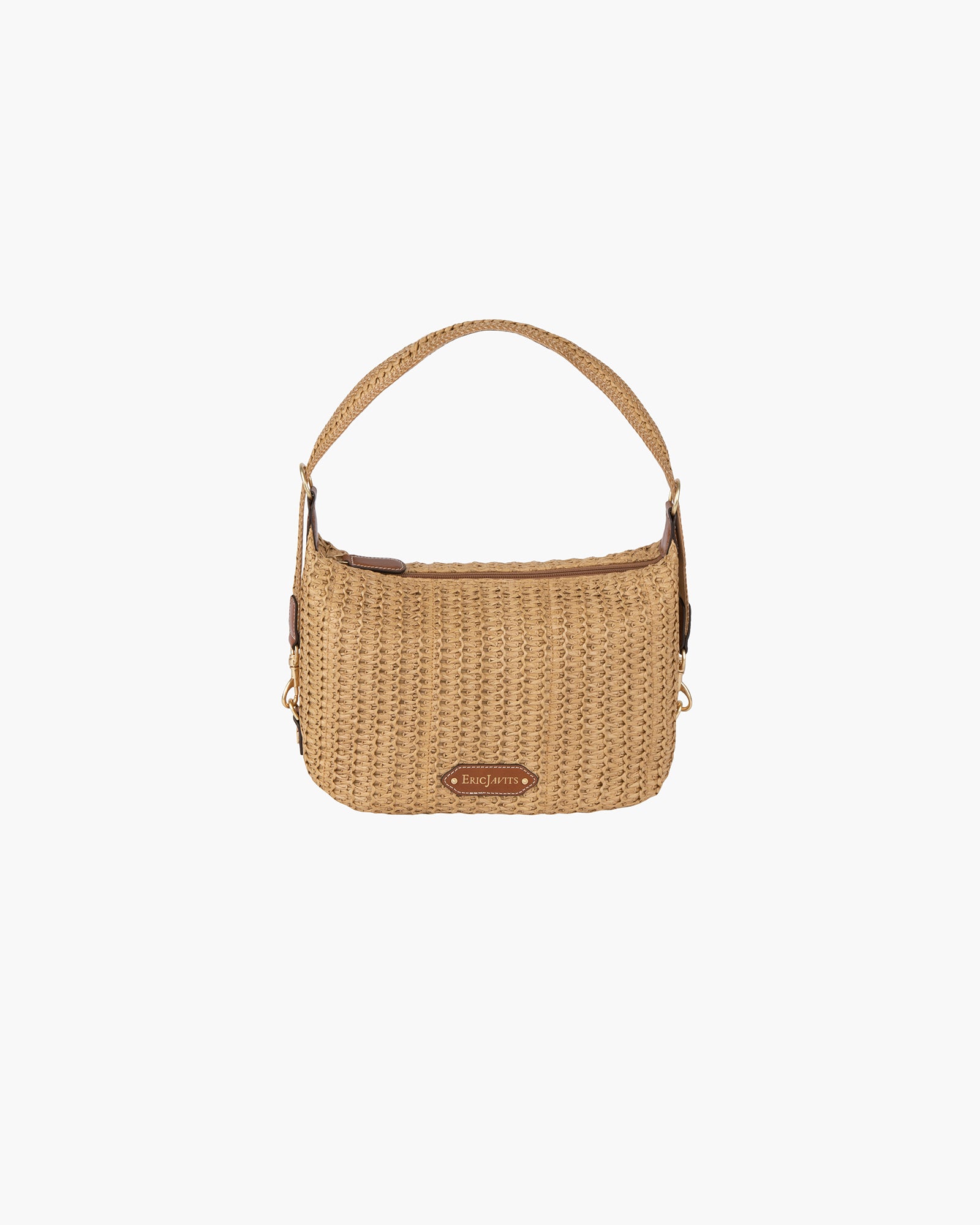 Woven Raffia Hobo Bag with Leather Trim - Natural Color