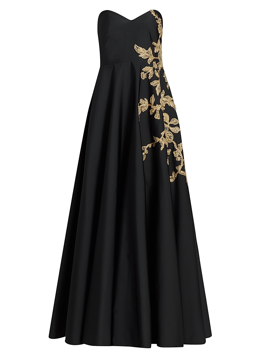 Women's Raffia Floral-Embroidered Faille Strapless Gown - Black Gold