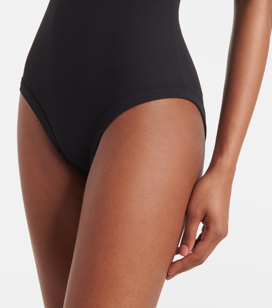 Curved ribbed-knit jersey swimsuit