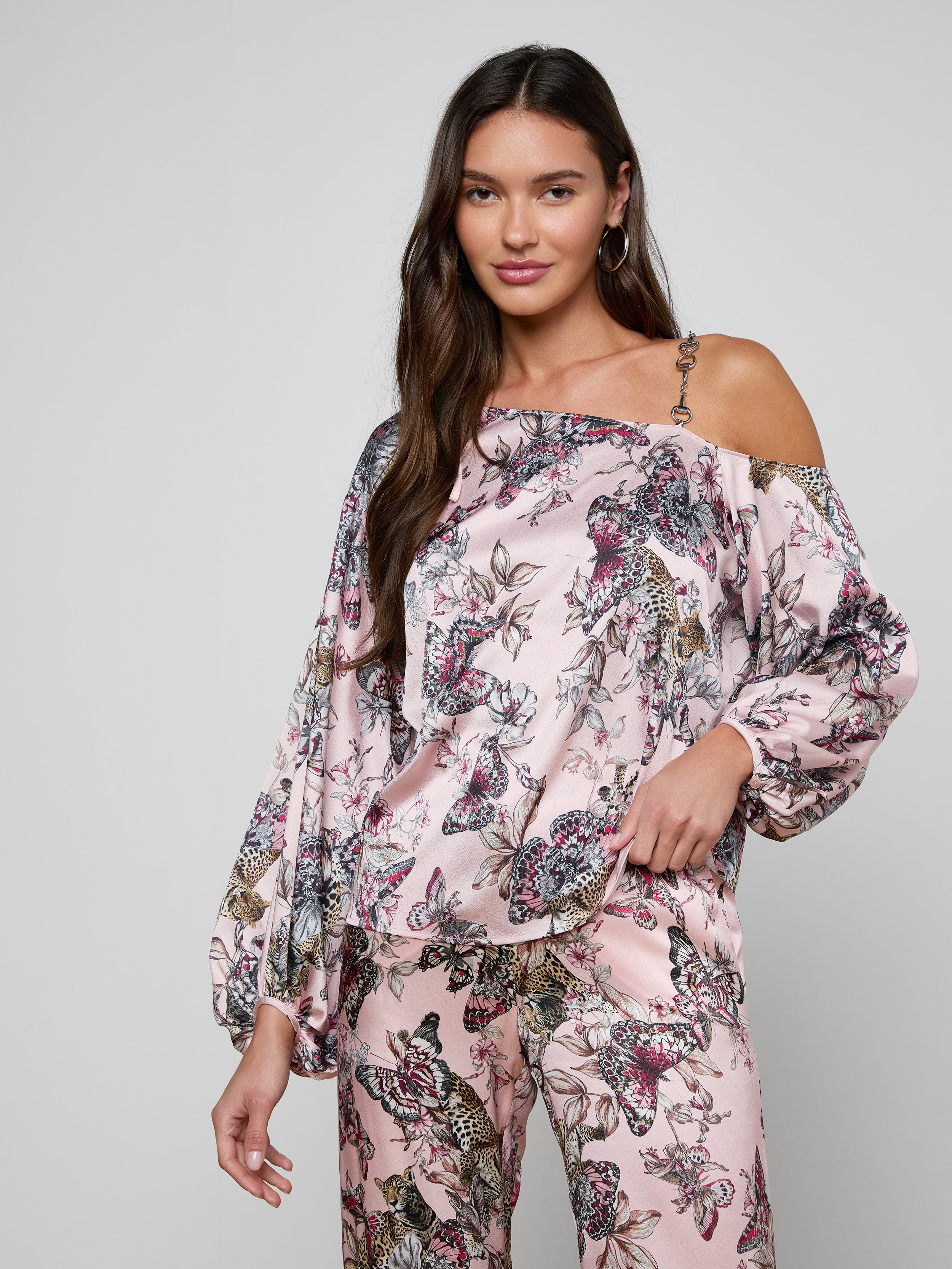 Asami Chain One-Shoulder Blouse Top In Light Nectar Pink Small Multi Butterfly Jungle