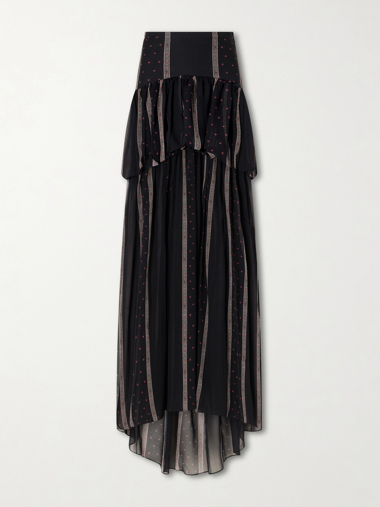 Nina Striped Peplum Silk Maxi Skirt - Black