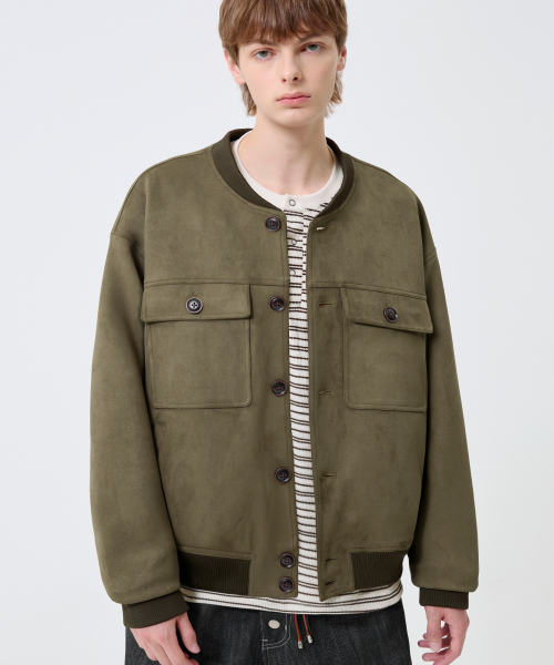 Two Pocket Button Suede Bomber Jacket_Khaki