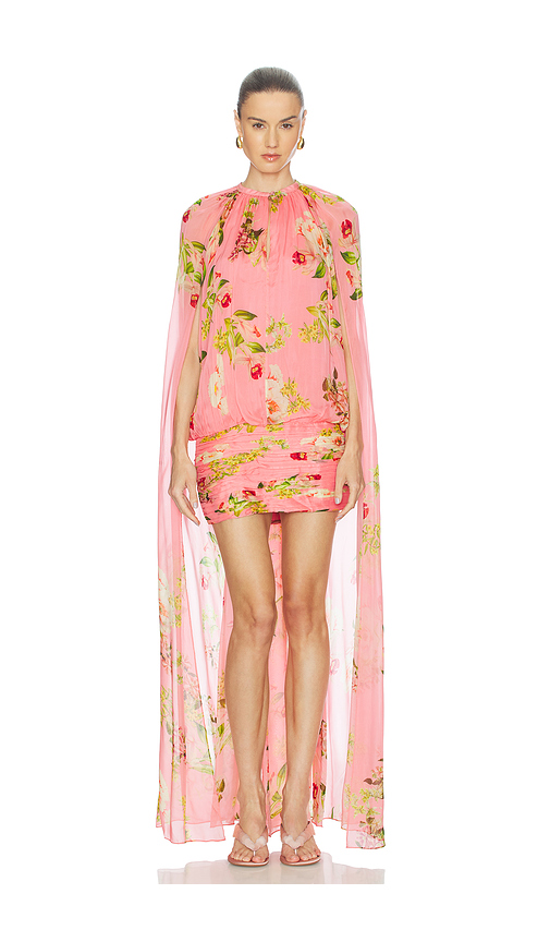 HEMANT AND NANDITA Ruched Cape Mini Dress in Pink. L. Also in M, S, XL, XS