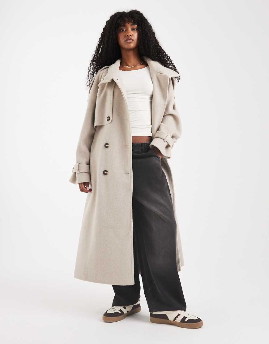 Brushed longline funnel neck trench coat in oatmeal melange-Neutral