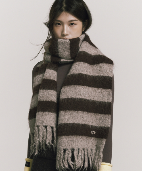 STRIPE HAIRY FRINGE MUFFLER_BROWN