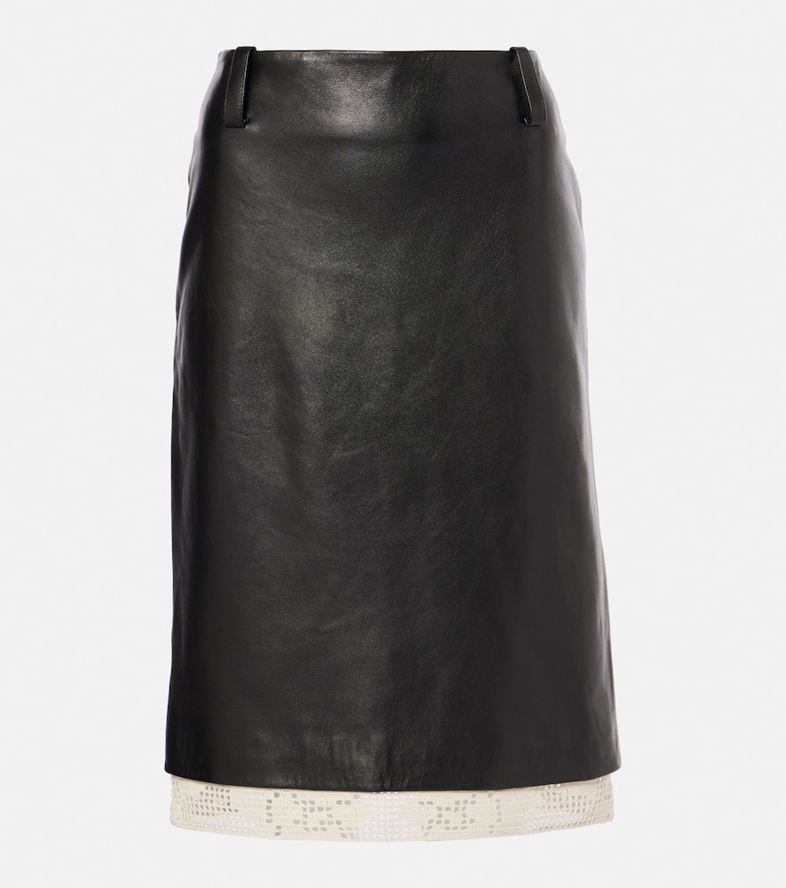 Lace-trimmed leather midi skirt
