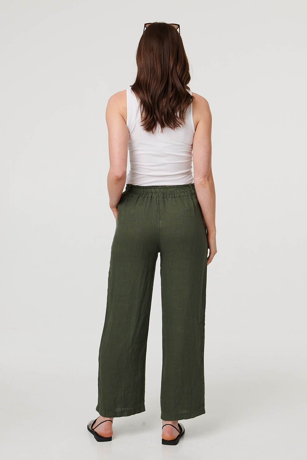 Izabel London Women's High Waist Wide Ankle Length Trousers in Khaki
