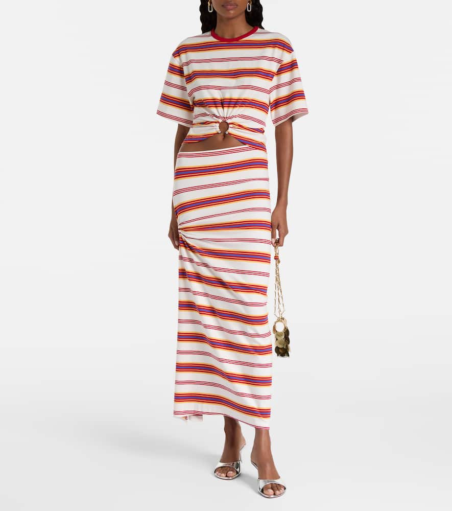 Gathered striped cotton-blend maxi skirt