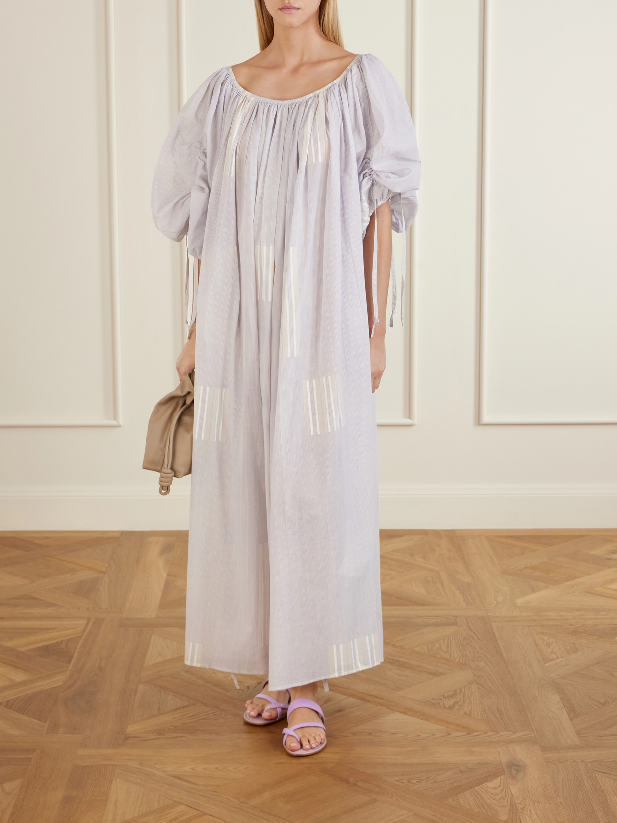 Athenaïs Gathered Striped Cotton-voile Maxi Dress - Gray