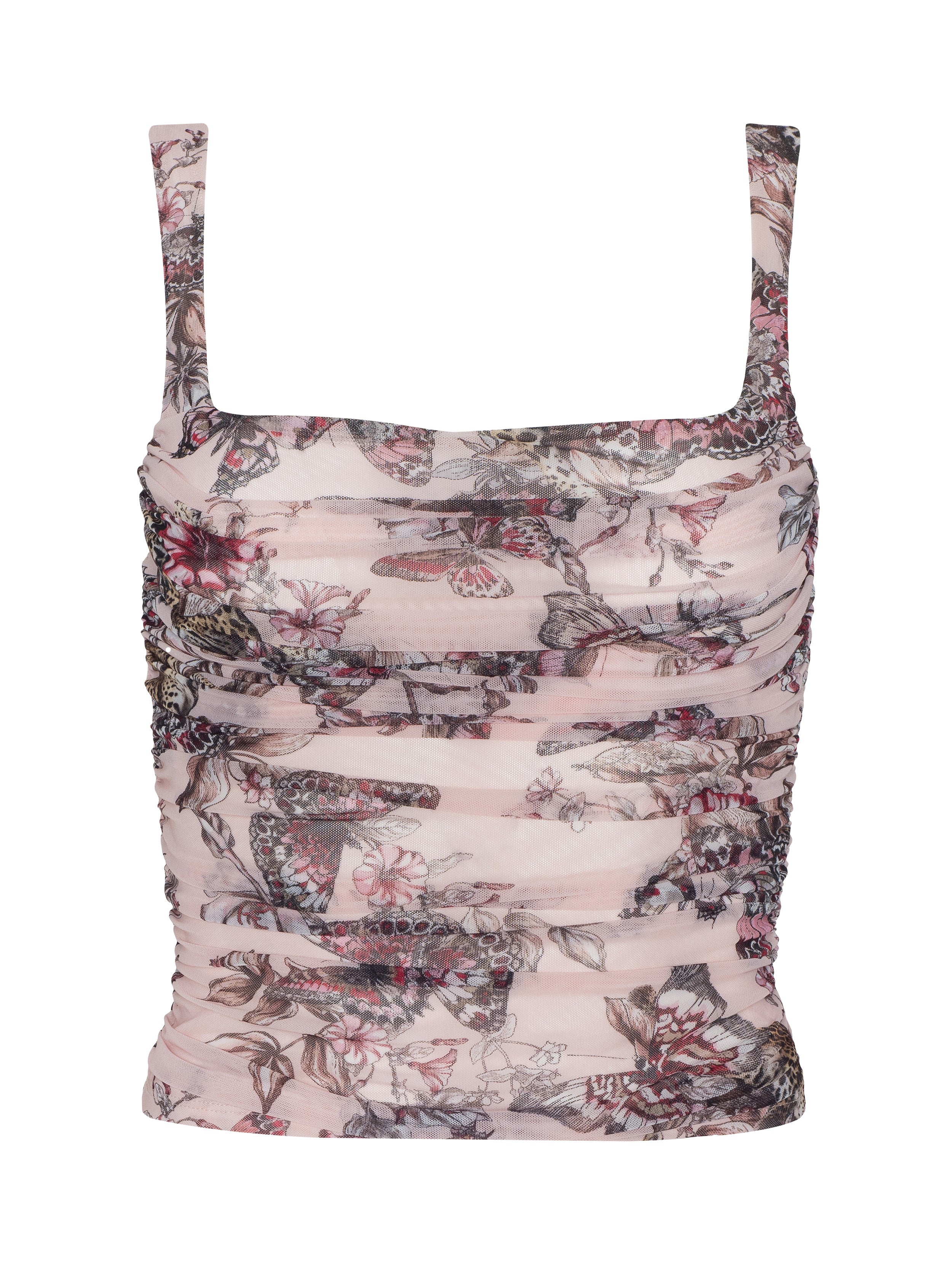 Rasha Shirred Mesh Tank Top In Light Nectar Pink Small Multi Butterfly Jungle