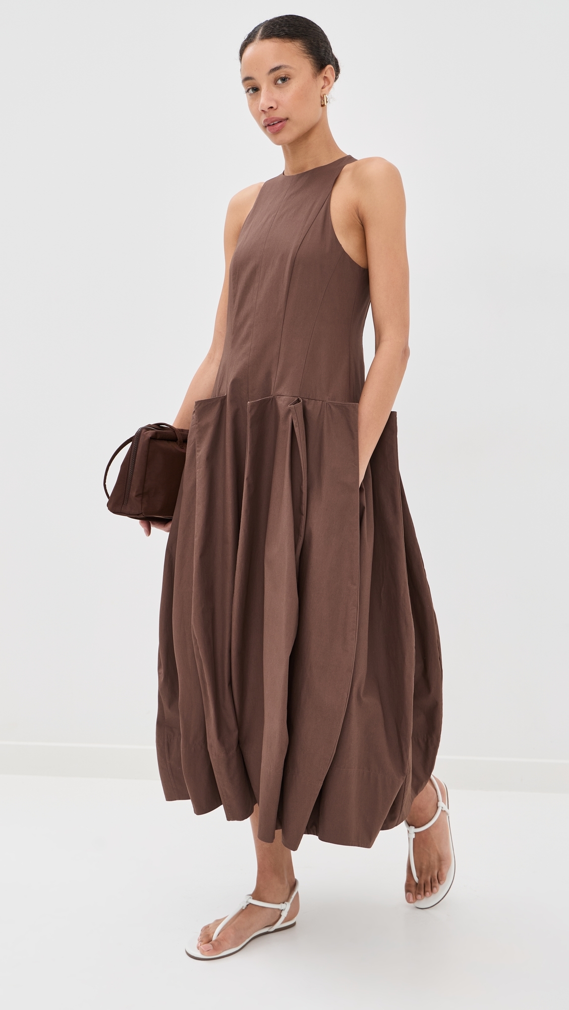 Compact Poplin Pinched Pleat Dress Sepia Brown