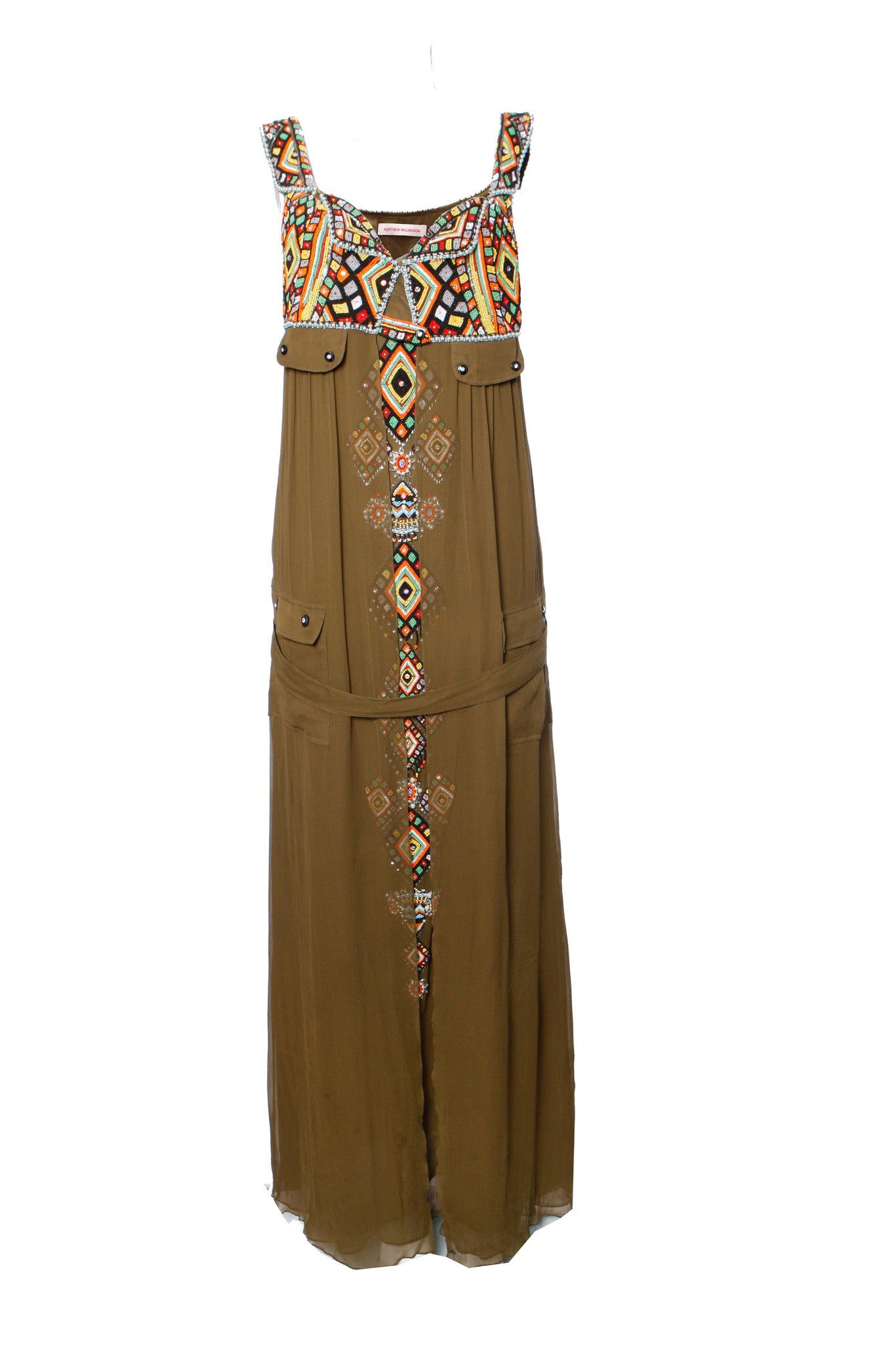 , green dress with ethnic beadwork