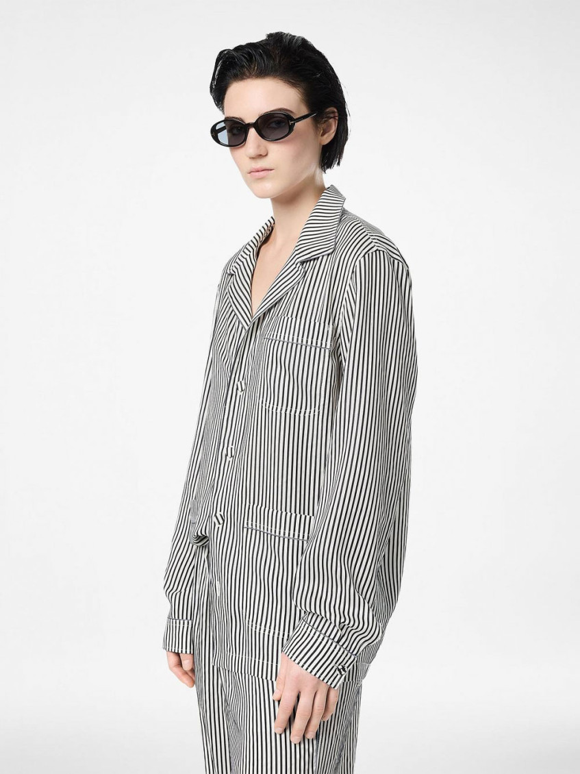Striped Silk Pj Shirt With Piping And Tonal Tf Embroidered Logo