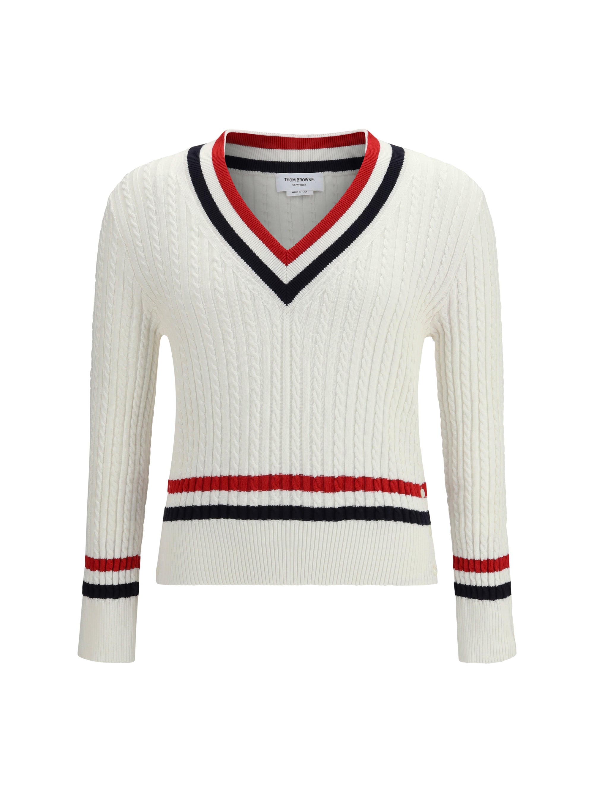 Intarsia Cable-Knit V-Neck Sweater — White
