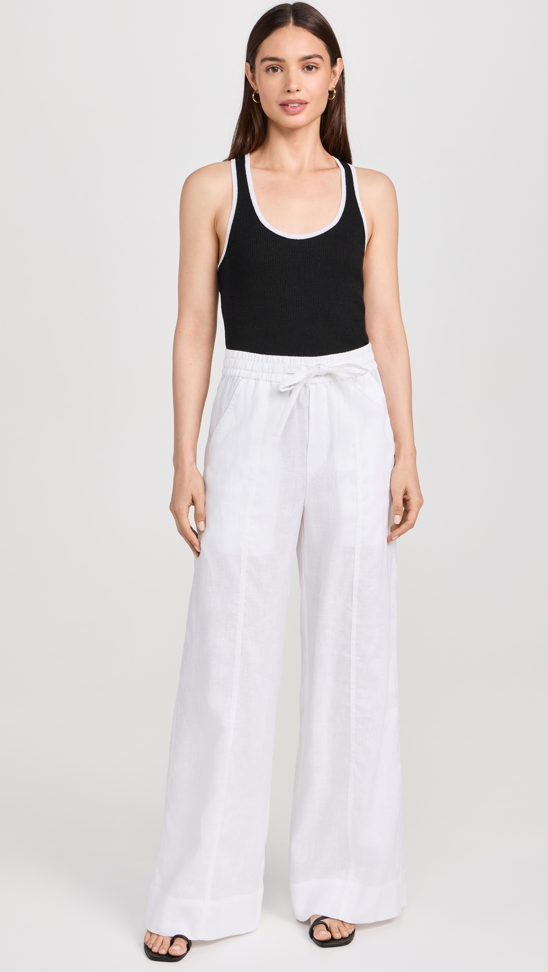 Stretch Linen Ringer Tank Black/ White
