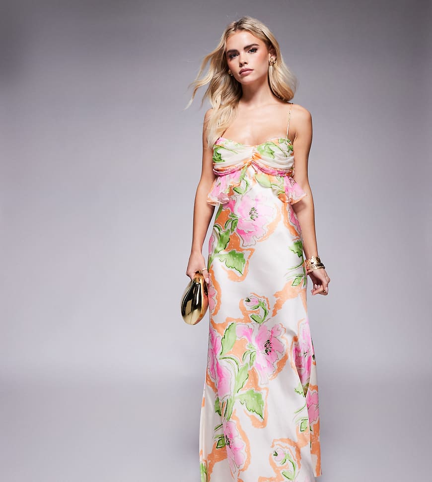ASOS DESIGN Petite chiffon bust satin cami maxi dress in pink floral print-Multi