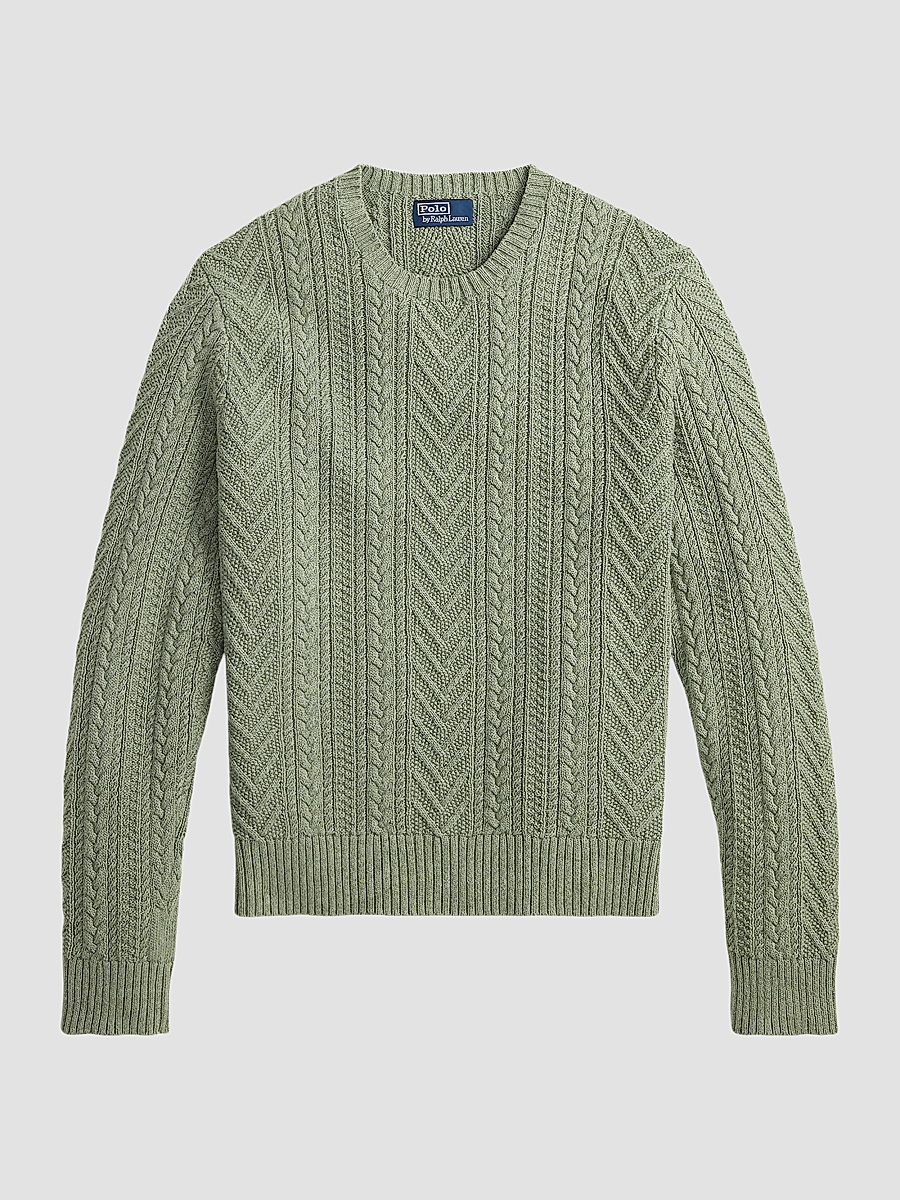 Men's Aran-Knit Cotton-Linen Sweater - Fern Green Combo