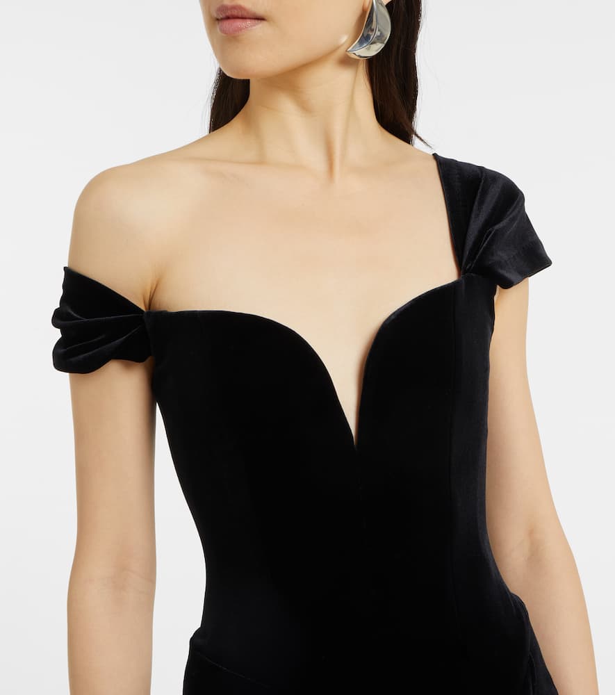Asymmetric velvet bustier gown