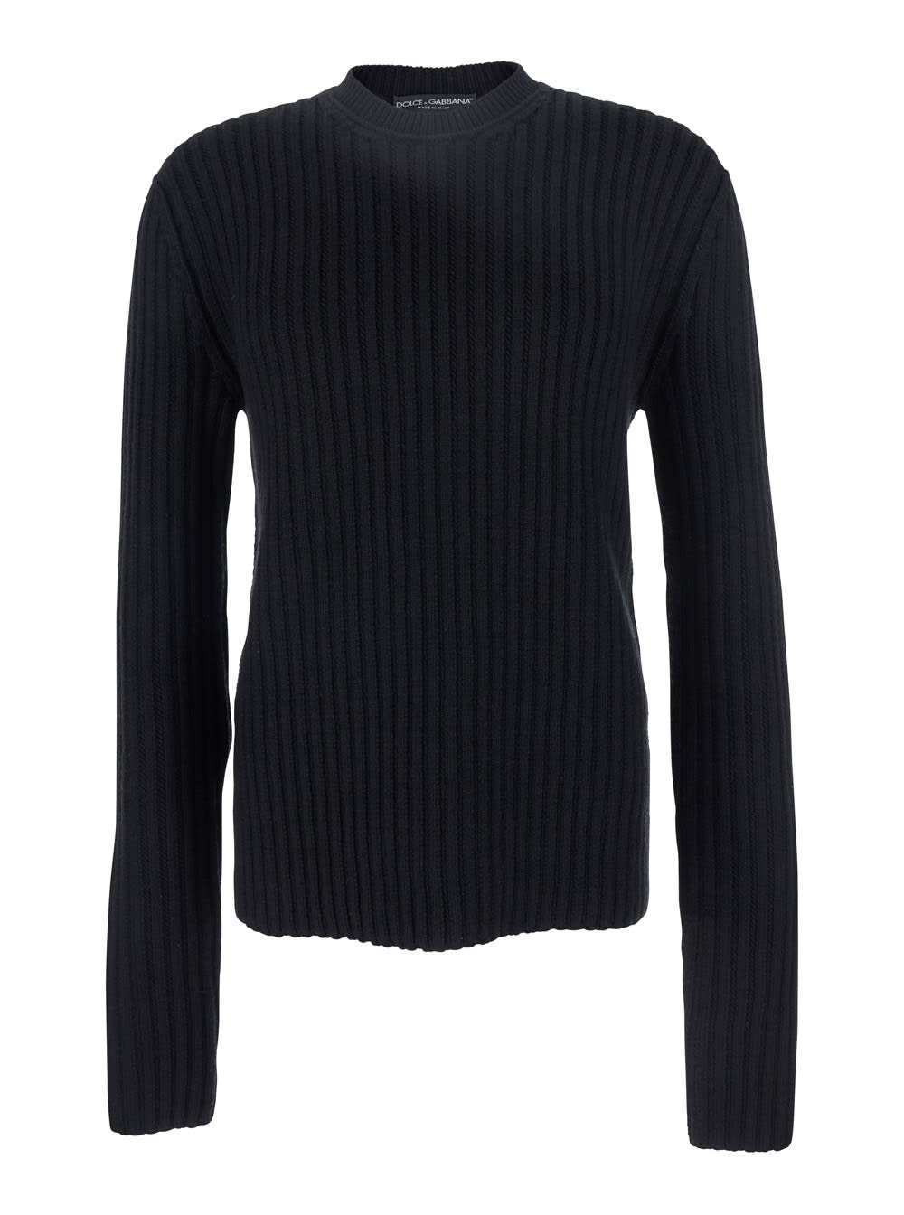 Black Ribbed Knit Crewneck Sweater With Logo Patch On The Rear In Wool Man