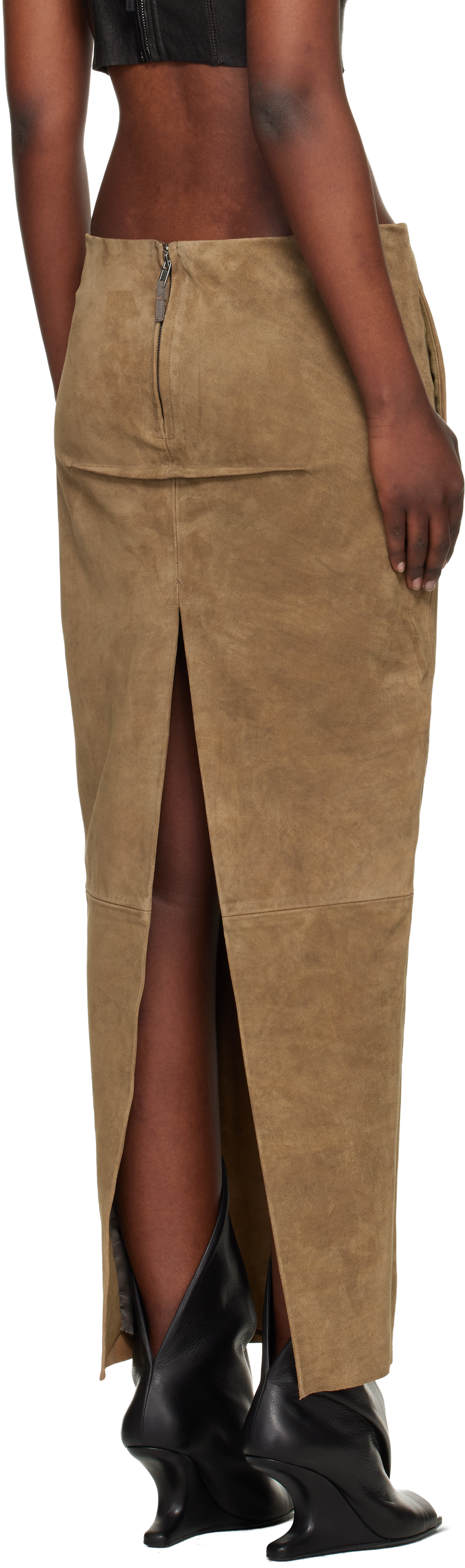 Tan Temple Sliced Suede Midi Skirt