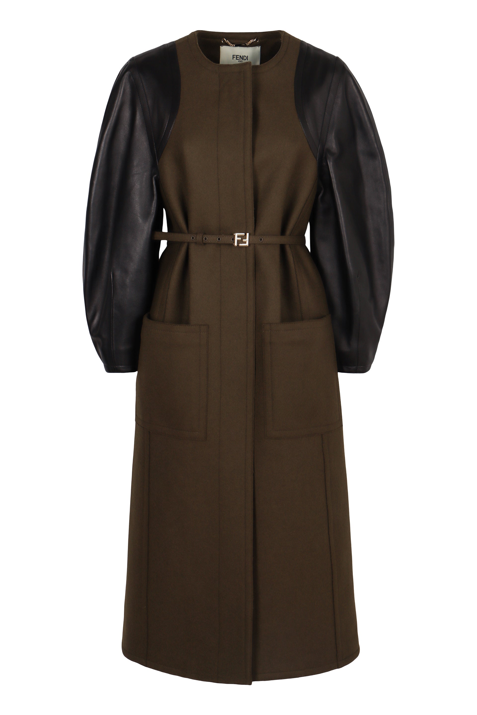 Felt Wool Cocoon Jacket with Leather-Sleeve Belted Waist