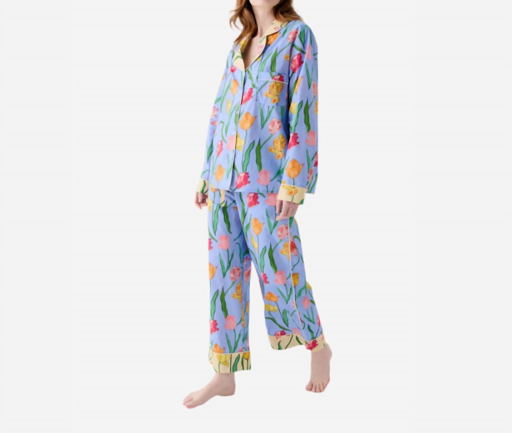 Organic Printed Long Pajama Set In Tulips Mauve