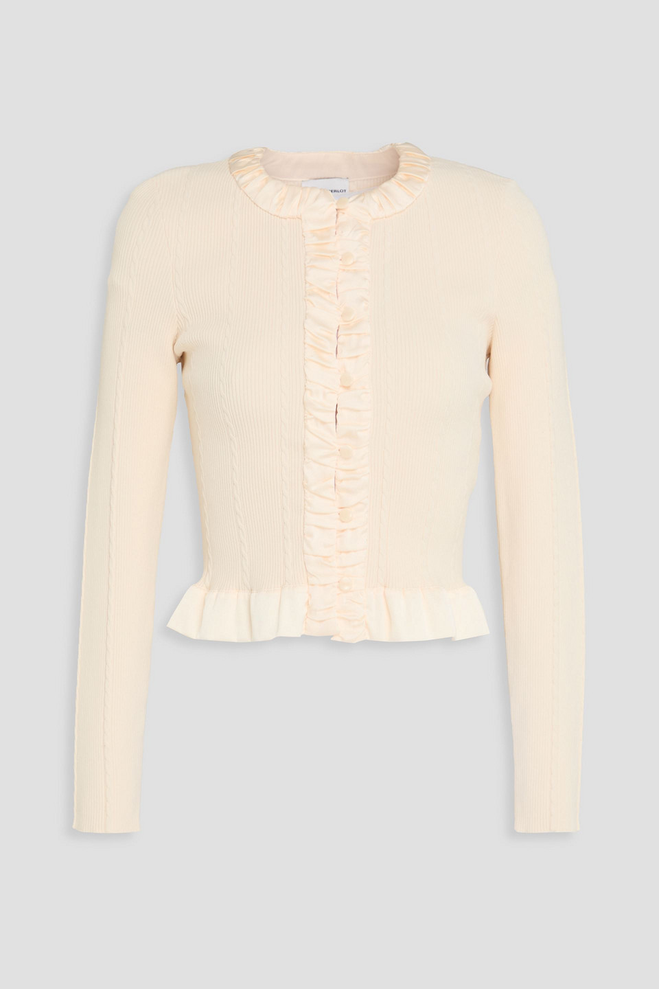 Ruffled satin-trimmed ribbed and cable-knit cardigan - White - L