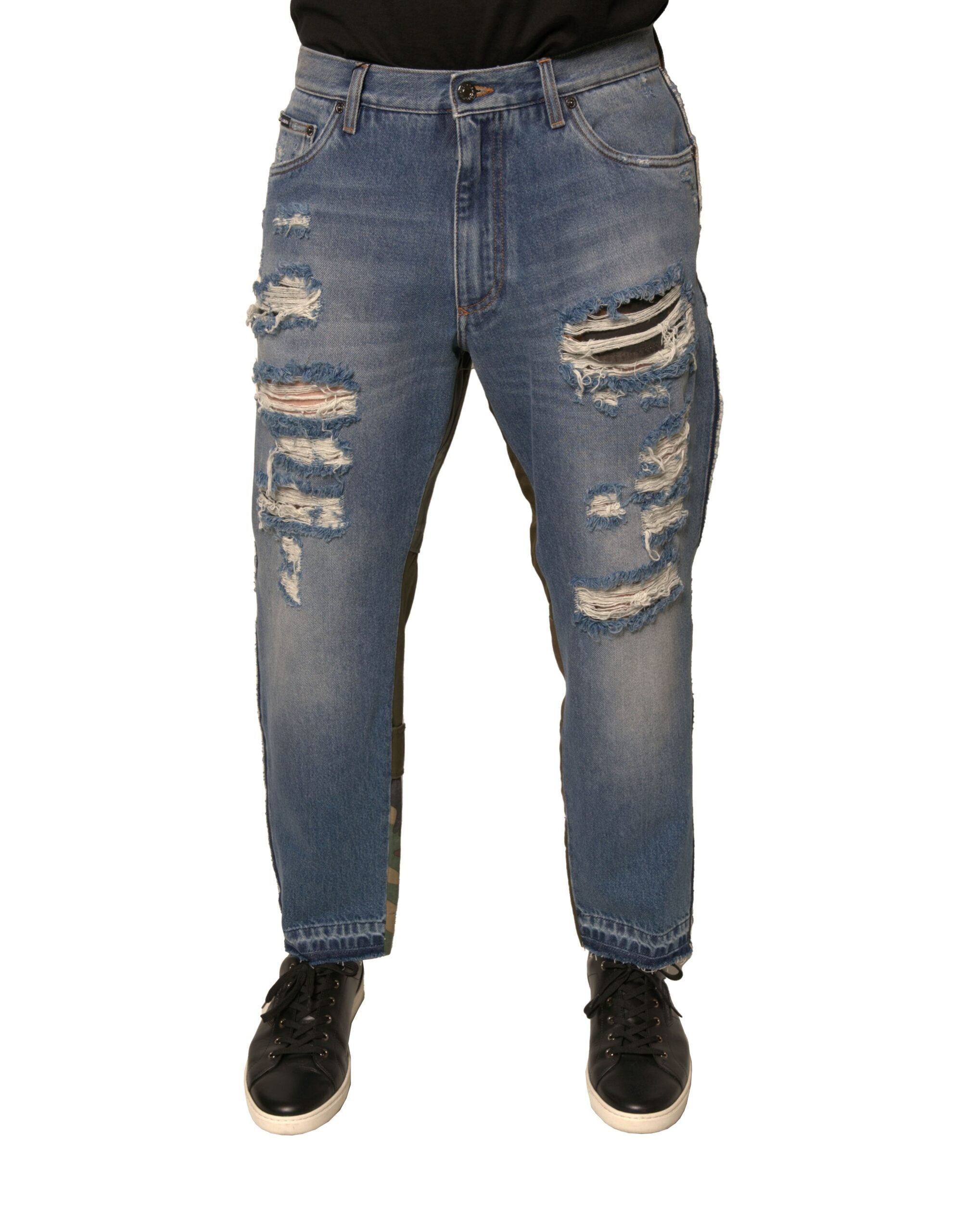 Tattered Straight Cropped Denim Jeans — Blue