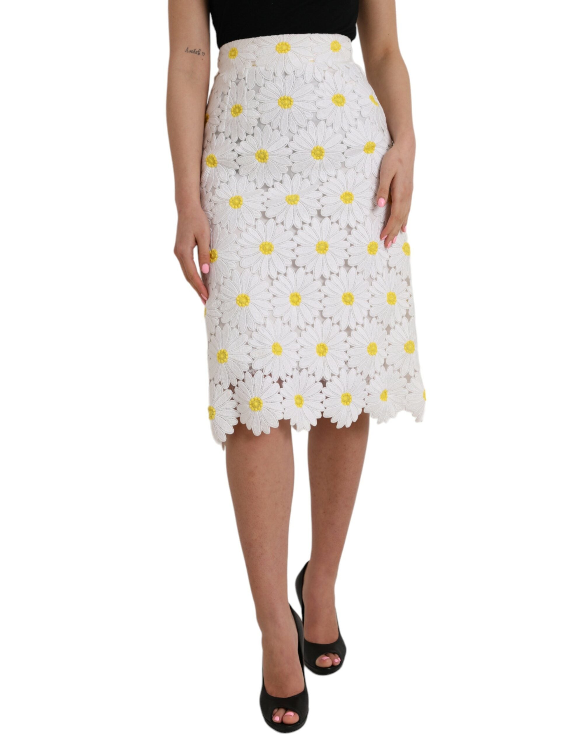 Floral Lace Pencil Skirt — White