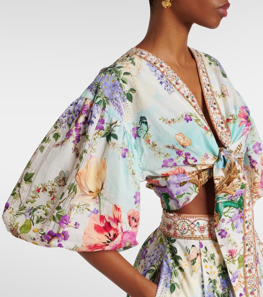 Camilla Tie-front puff-sleeve crop top