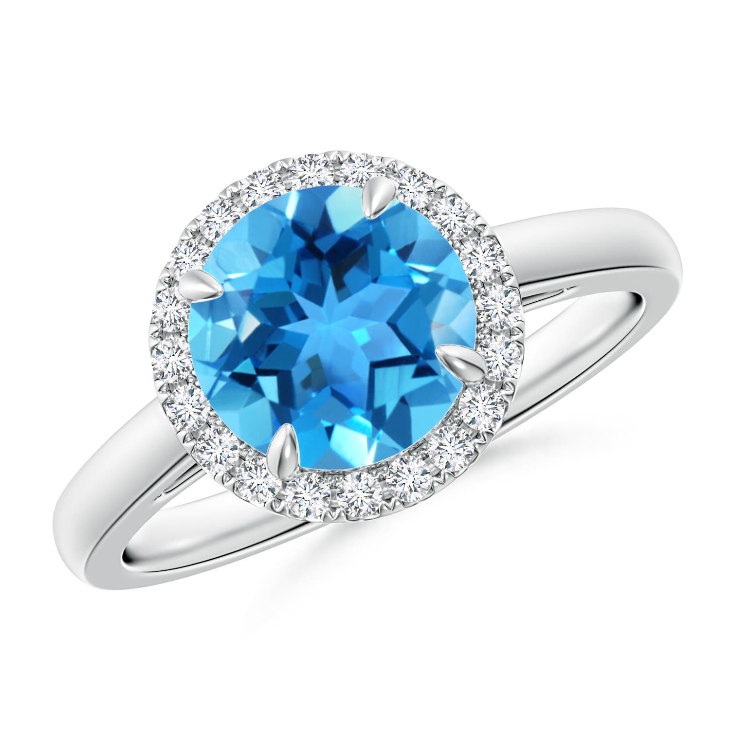 Angara 2.35 Carats Round Swiss Blue Topaz Cathedral Ring with Diamond Halo in Platinum