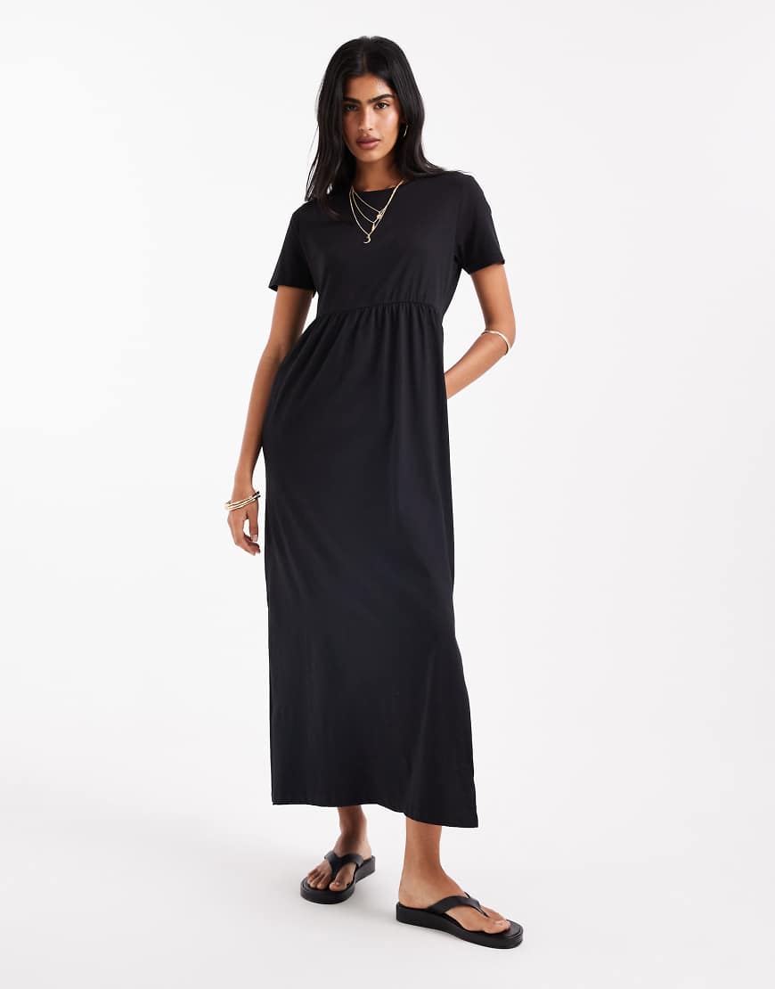 Short sleeve jersey midi dress with drop waist in black