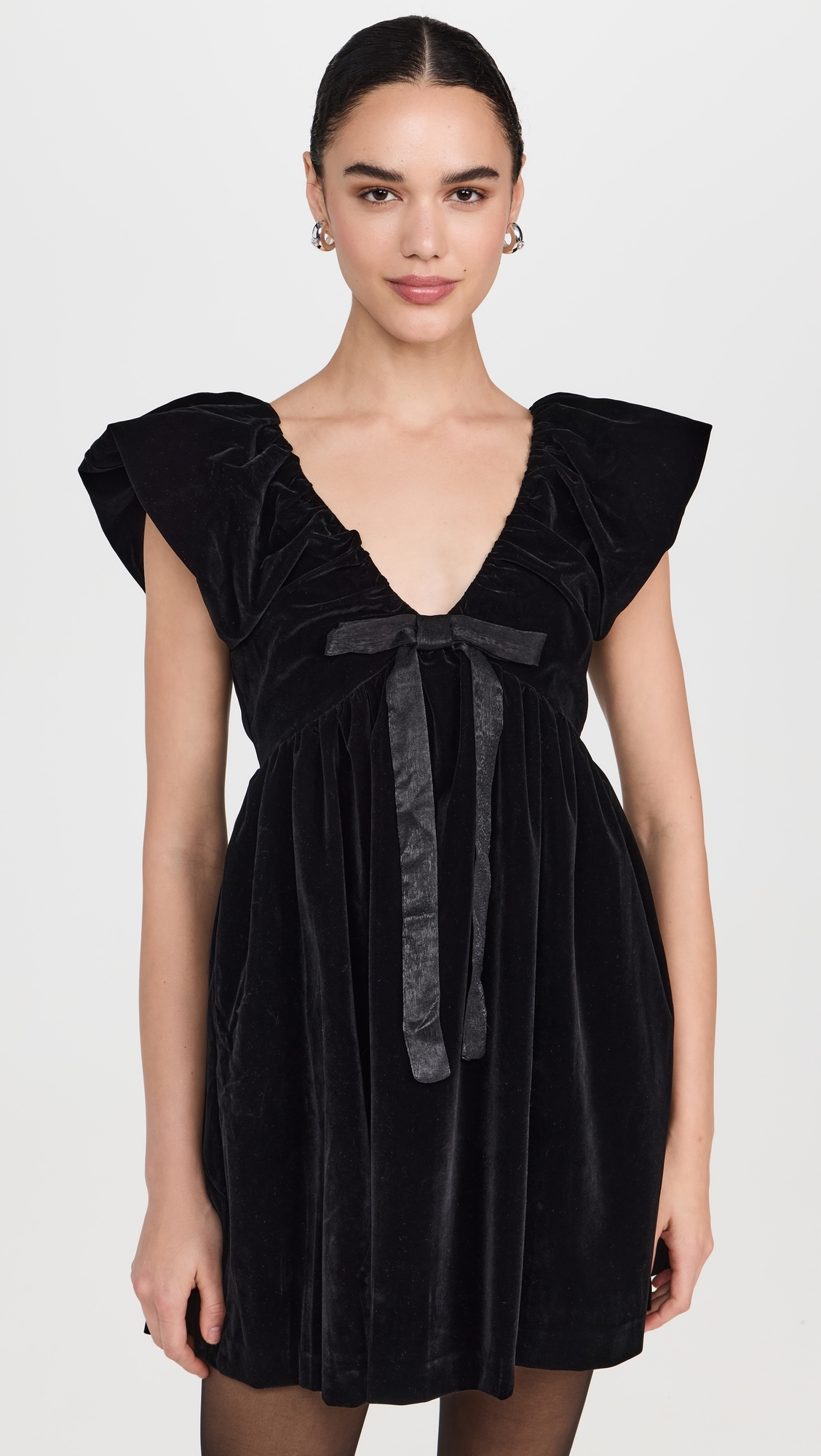 Velvet Satin Bow Mini Dress Black