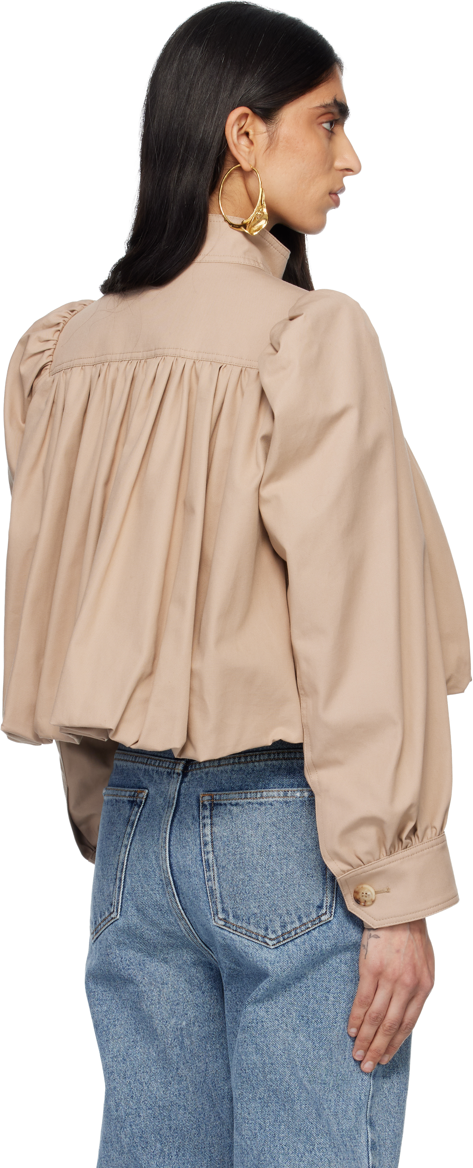 Beige Cotton Canvas Gathered Boule Jacket