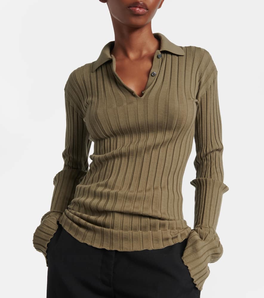Ribbed-knit wool polo shirt