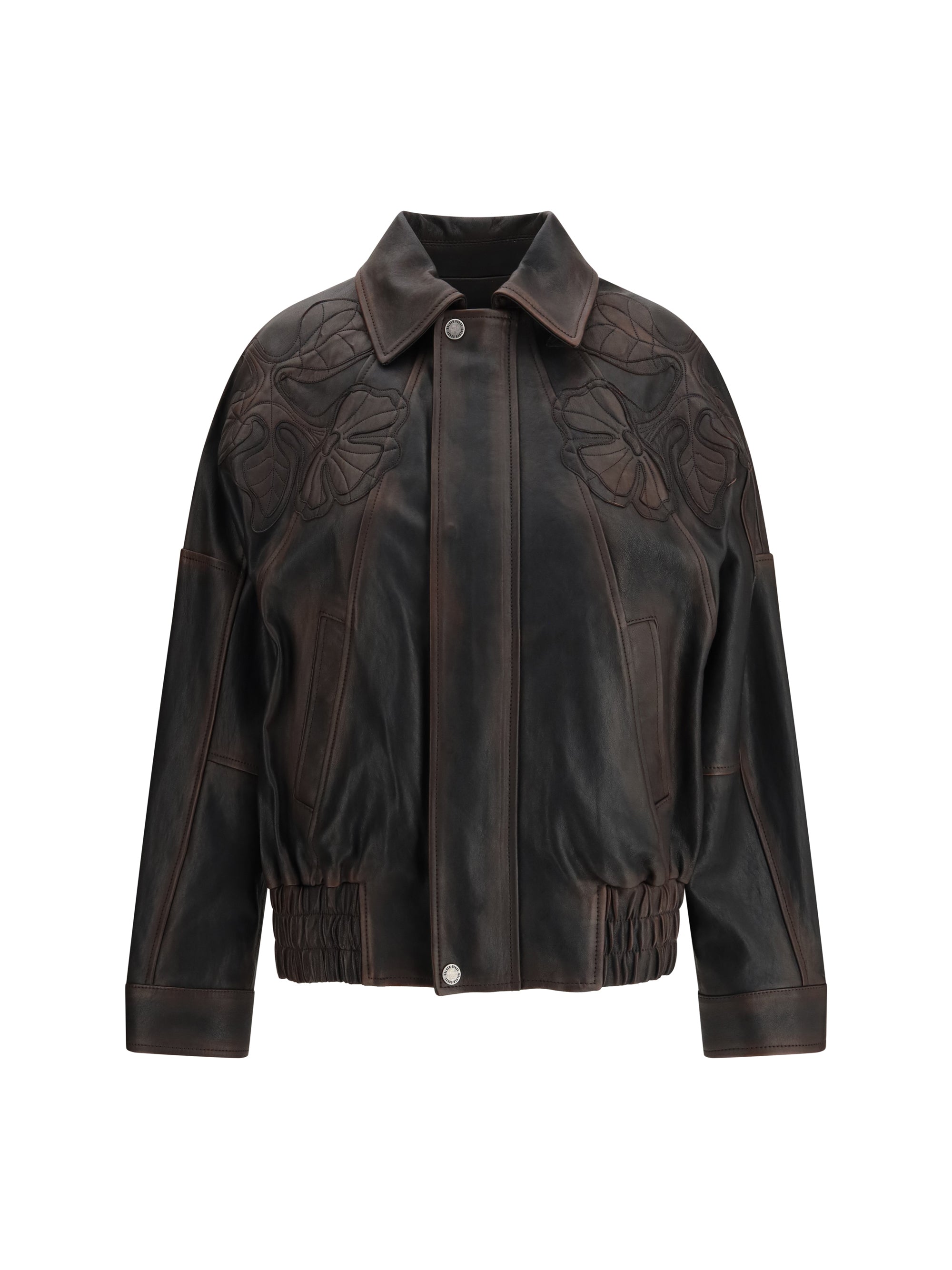 Nappa Leather Floral Embroidered Jacket — Brown