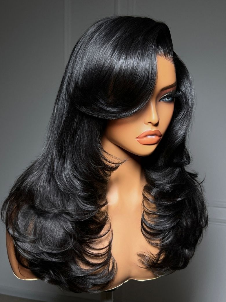 [200% Density] 7x5 Bye-Bye Slip™ Lace Feathered Blowout Wig with Face-Framing Layers and Deep Side Part Bang
