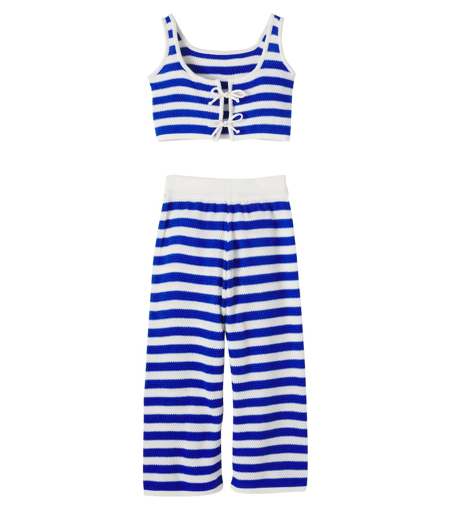 Crochet striped cotton-blend top and pants set