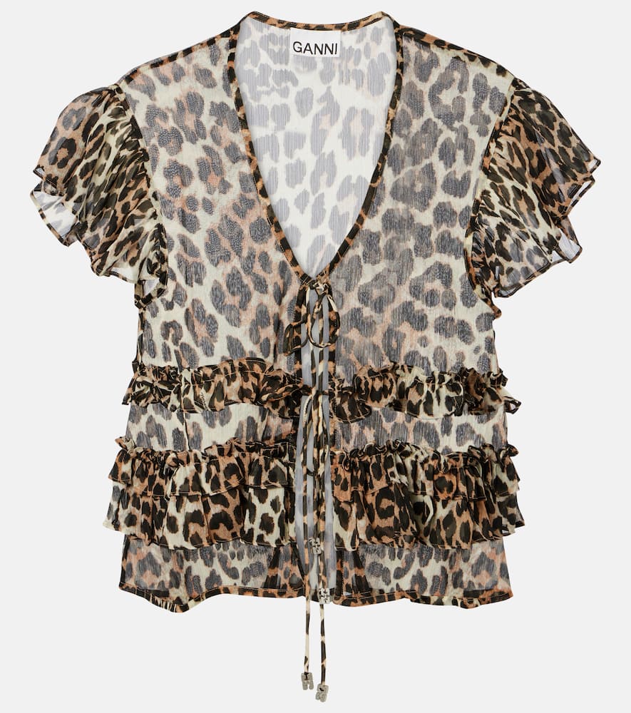 Leopard-print ruffled chiffon blouse