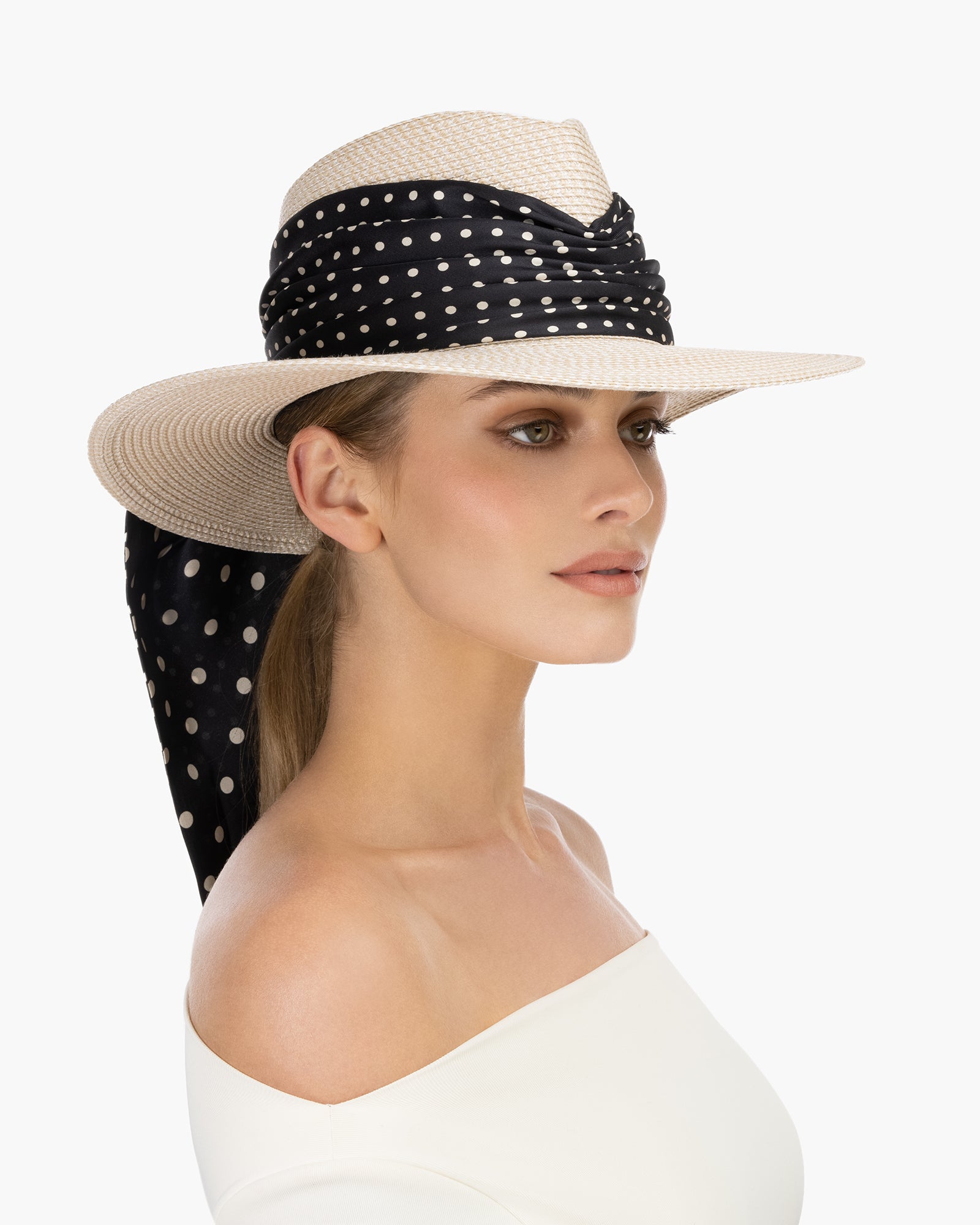 Travel Fedoras with Silk Scarf, Cream/Black Dot, Travel size