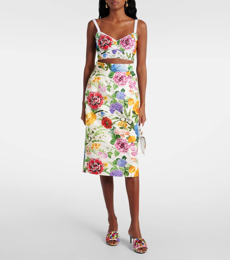 Floral cotton brocade pencil skirt
