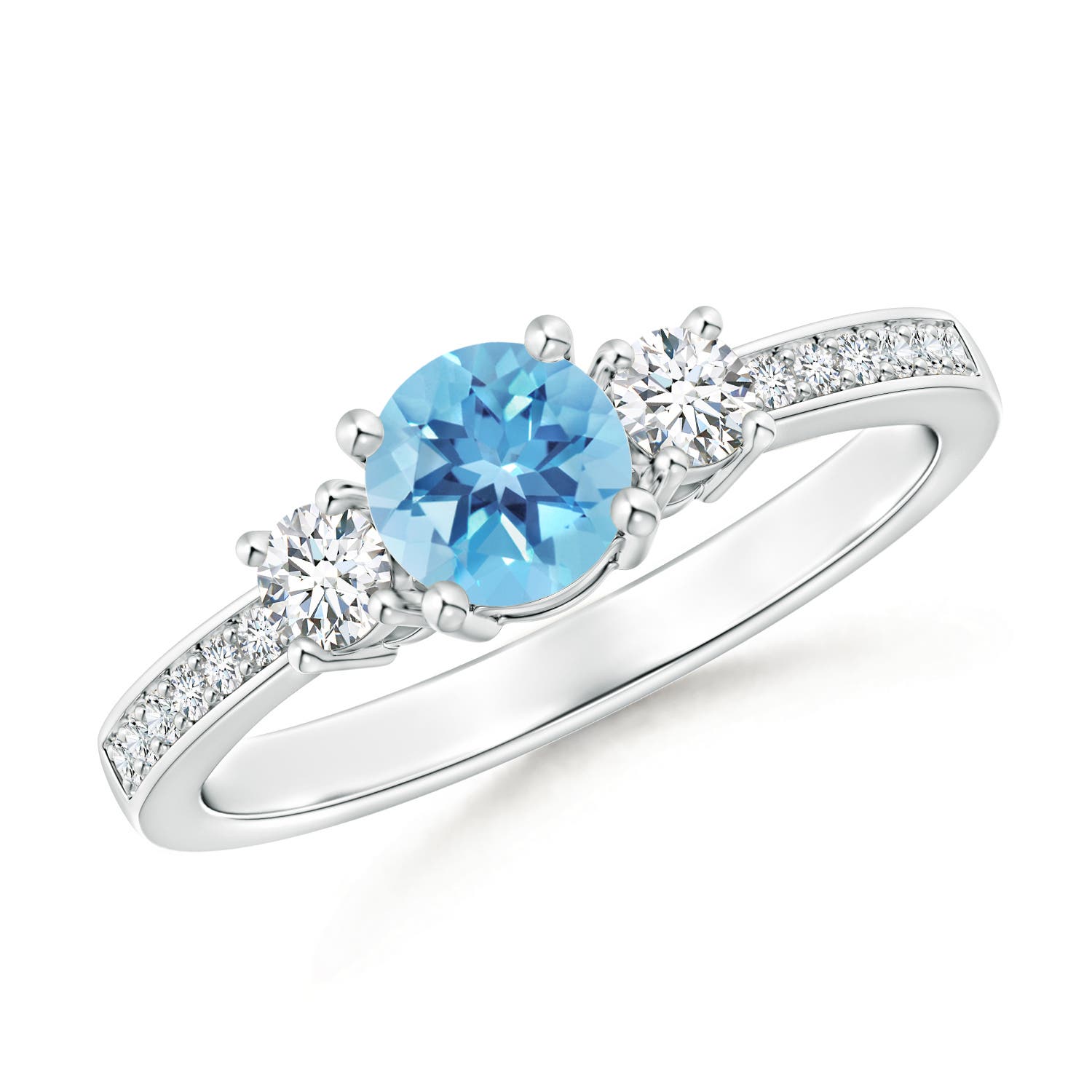 Angara 0.6 Carat Classic Three Stone Round Swiss Blue Topaz and Diamond Engagement Ring in Platinum