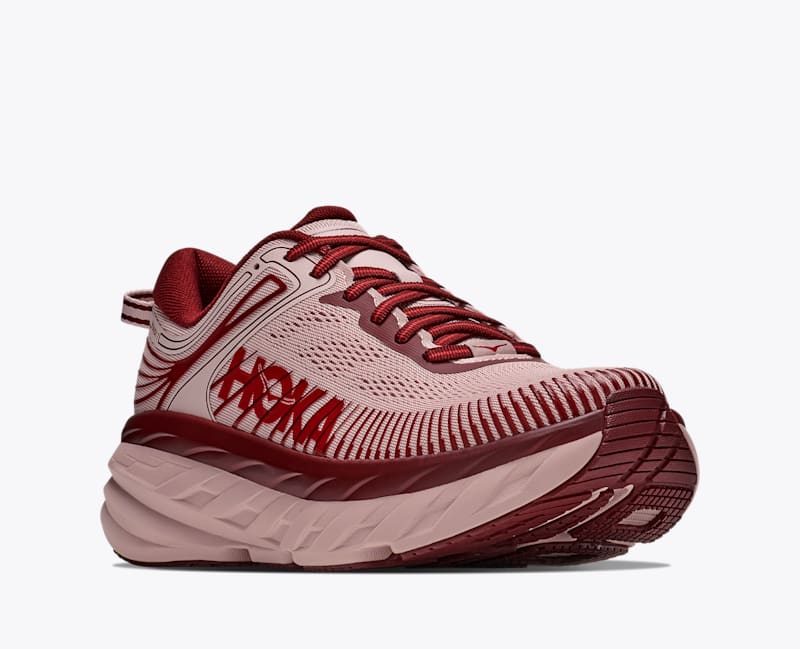 HOKA Women's Bondi 7 Shoes in Pink Opal/Varsity Burgundy