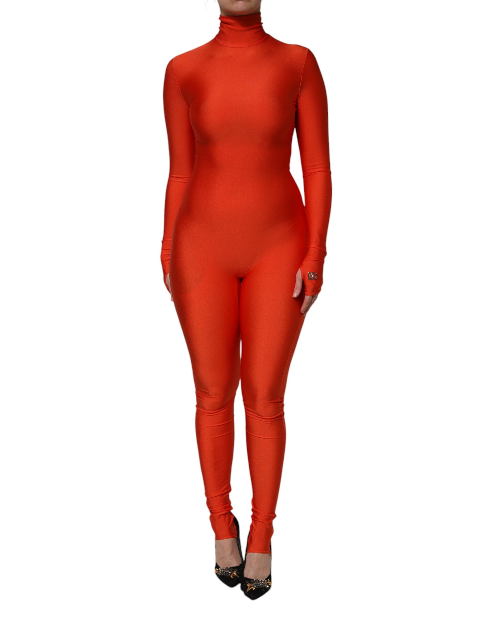 Nylon Turtleneck Bodycon Jumpsuit — Red