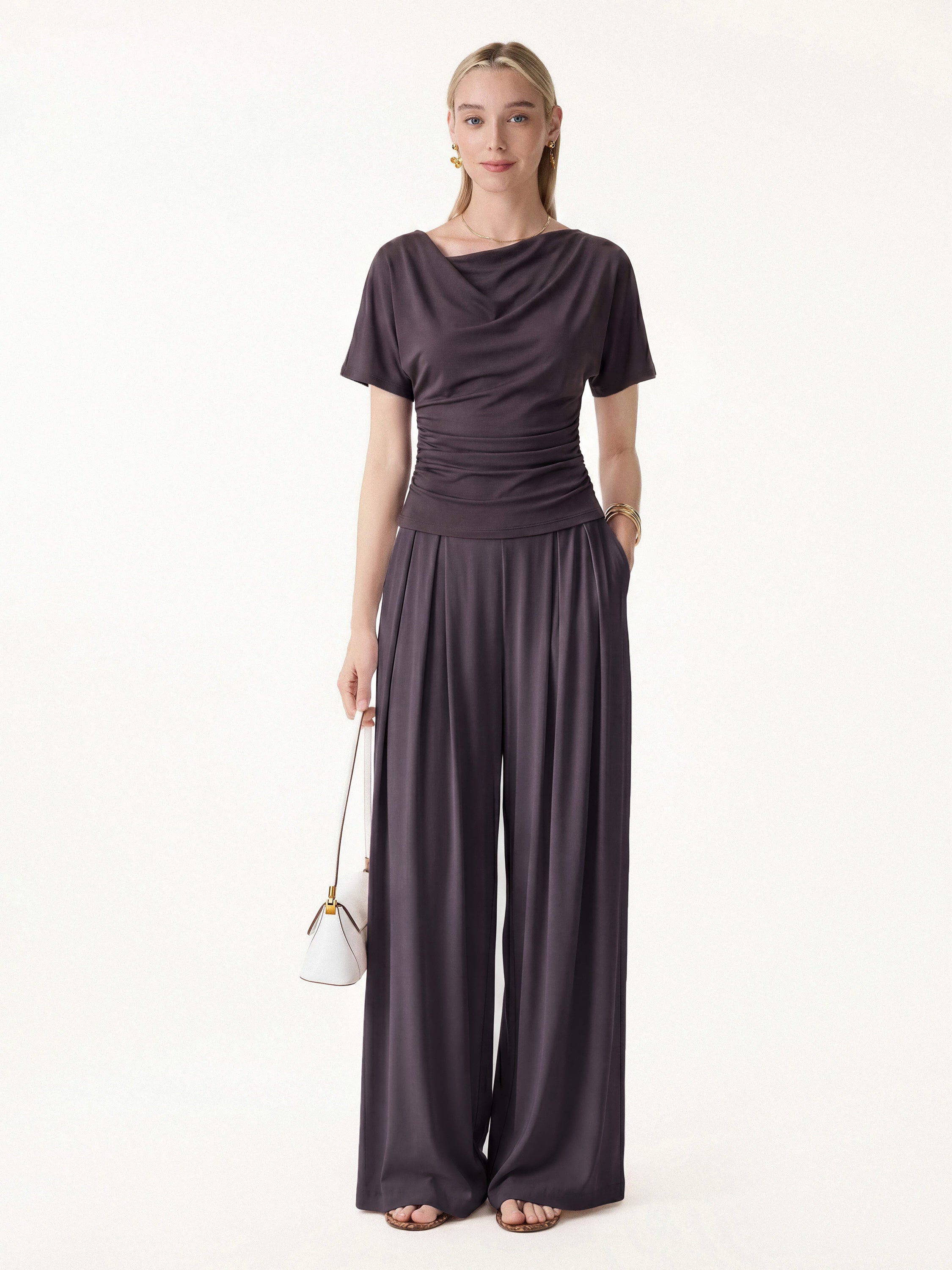 2Pcs Set Cowl Neck Ruched Top & Wide Leg Palazzo Pant with Pockets - Purple/Purple Gloam / XS