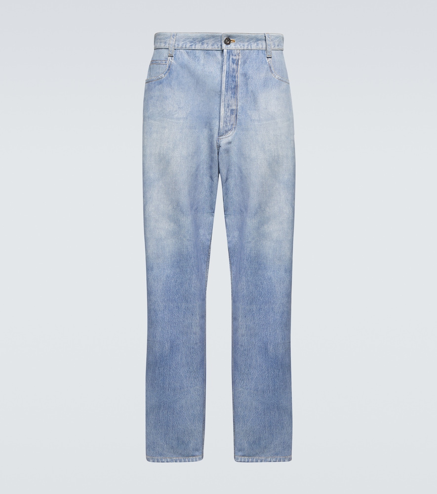 Denim-print wide-leg leather pants