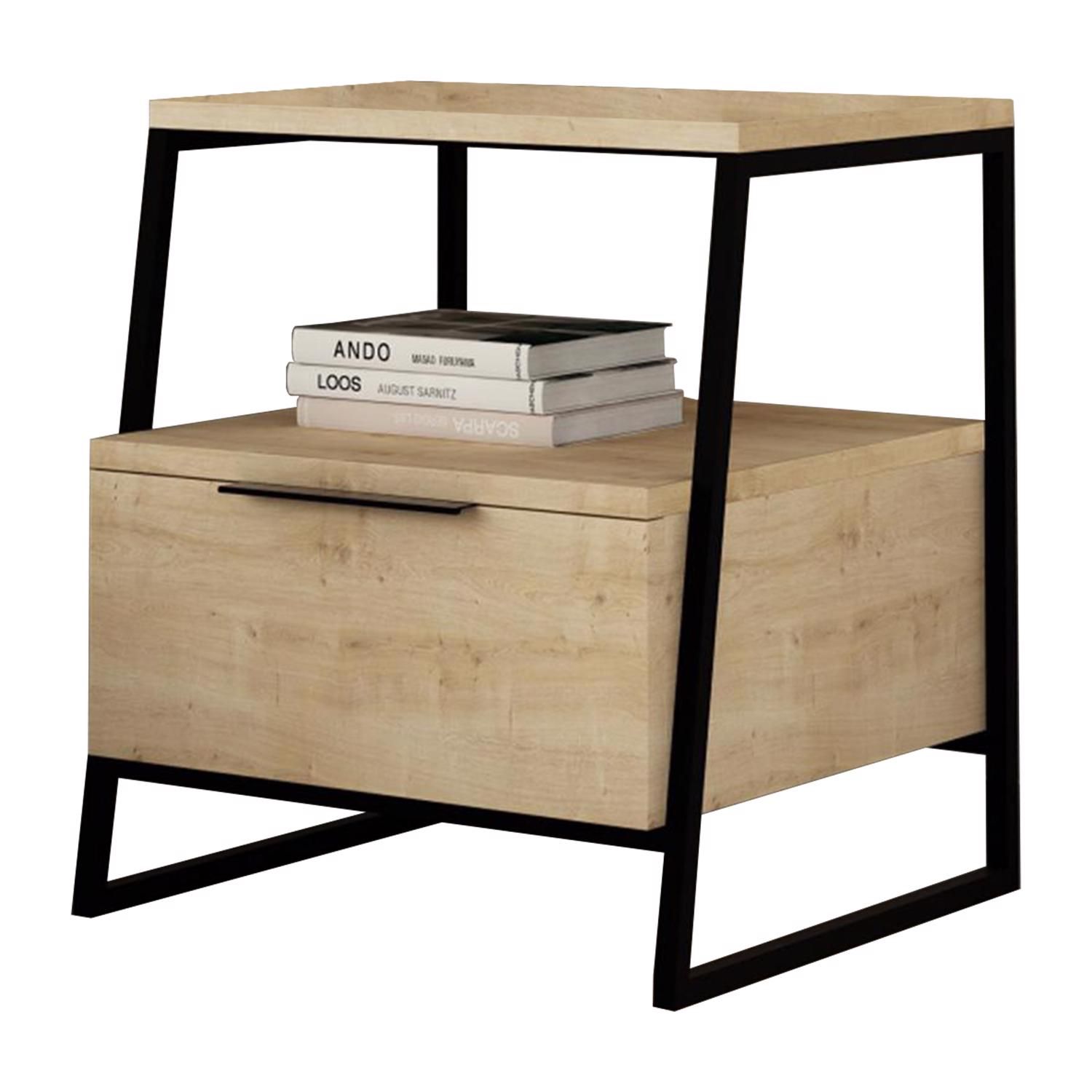 Fwstyle Oak 1 Door Bedside Table Nightstand Black Metal In Brown