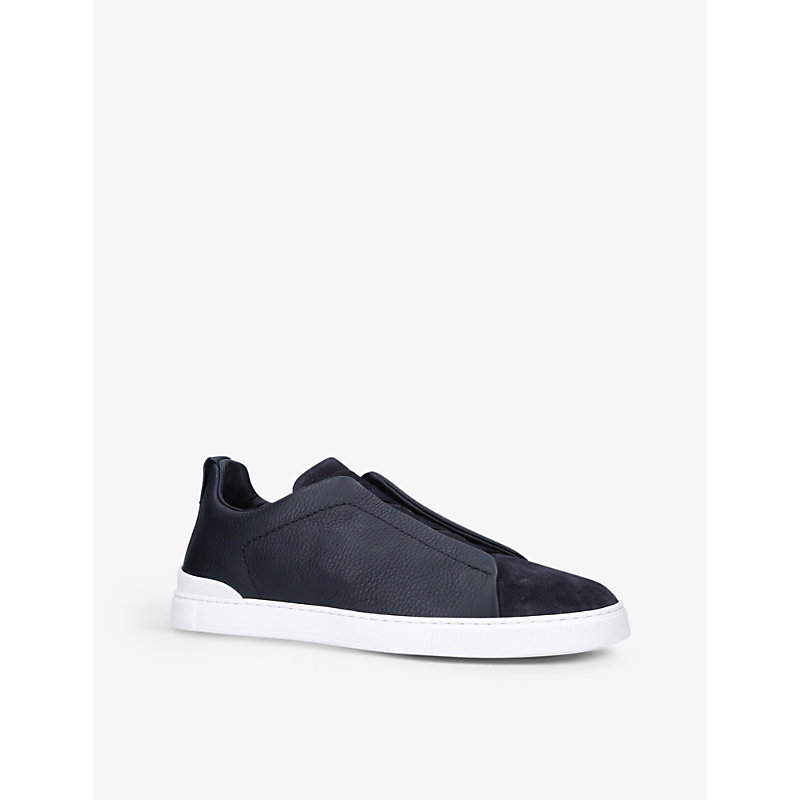 Mens Navy Triple Stitch Leather and Suede Trainers