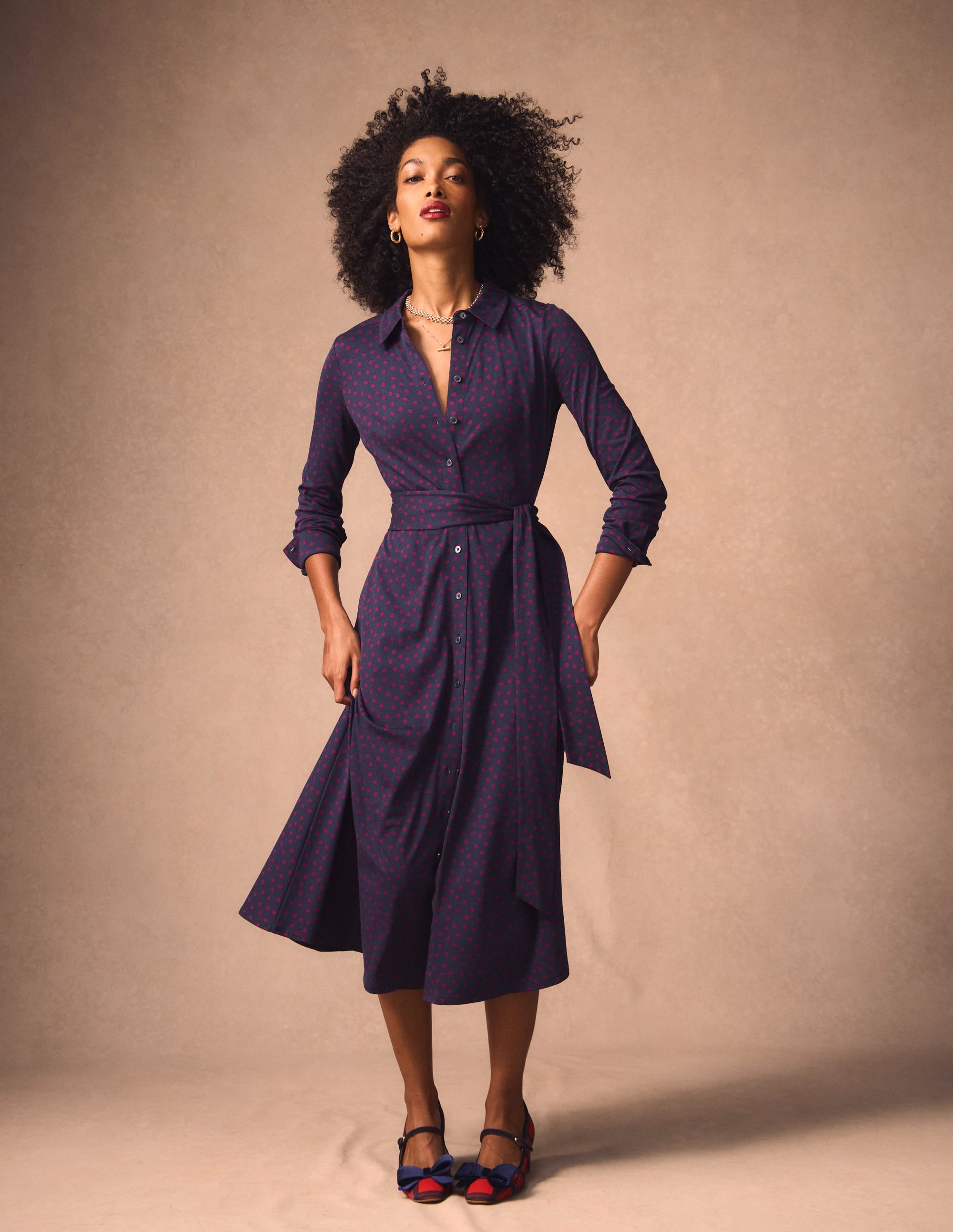 Marcia Jersey Shirt Dress French Navy, Painted Dot