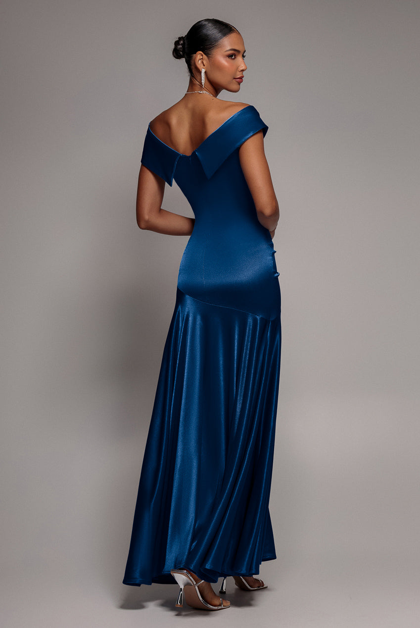 Goddiva Satin Off Shoulder Pleated Maxi Dress - Navy Blue
